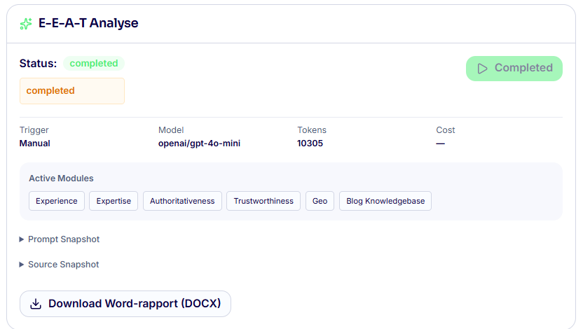 CORE E-E-A-T analysis screen with experience, expertise, authority and trustworthiness modules, source and prompt snapshots and report export.