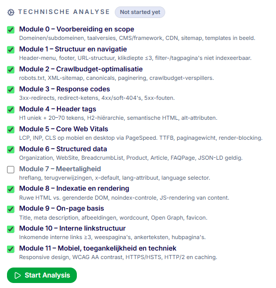 CORE screen with selectable technical analysis modules, including crawling, structured data and mobile accessibility.