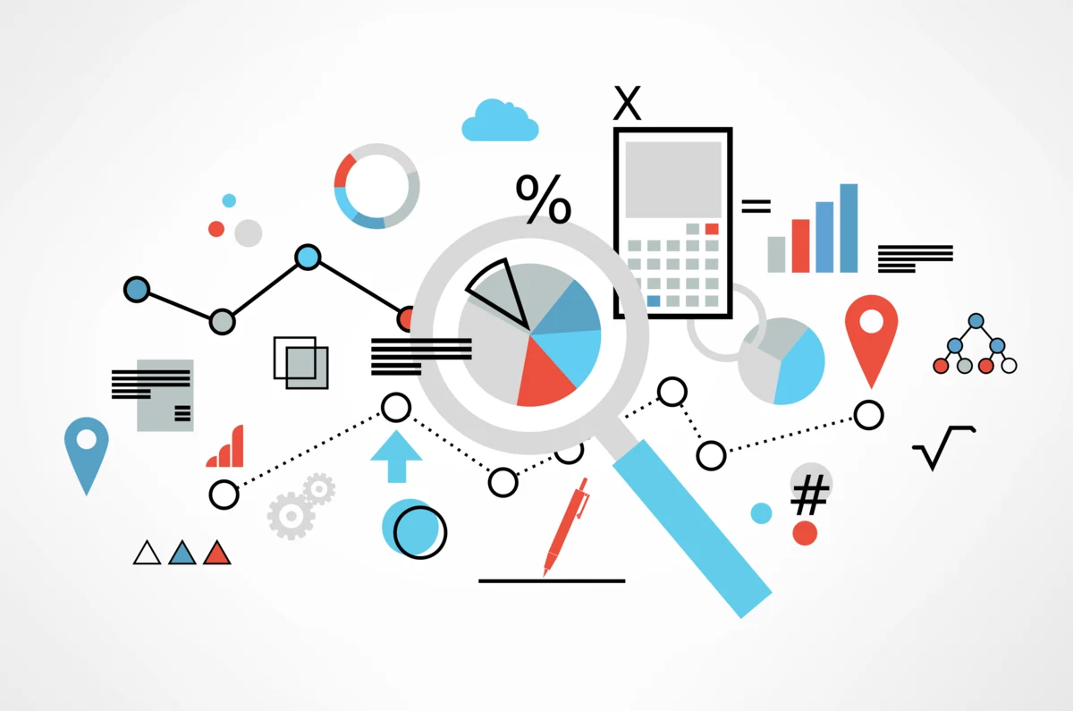 Data analysis illustration with a magnifying glass, diagrams, charts and a calculator