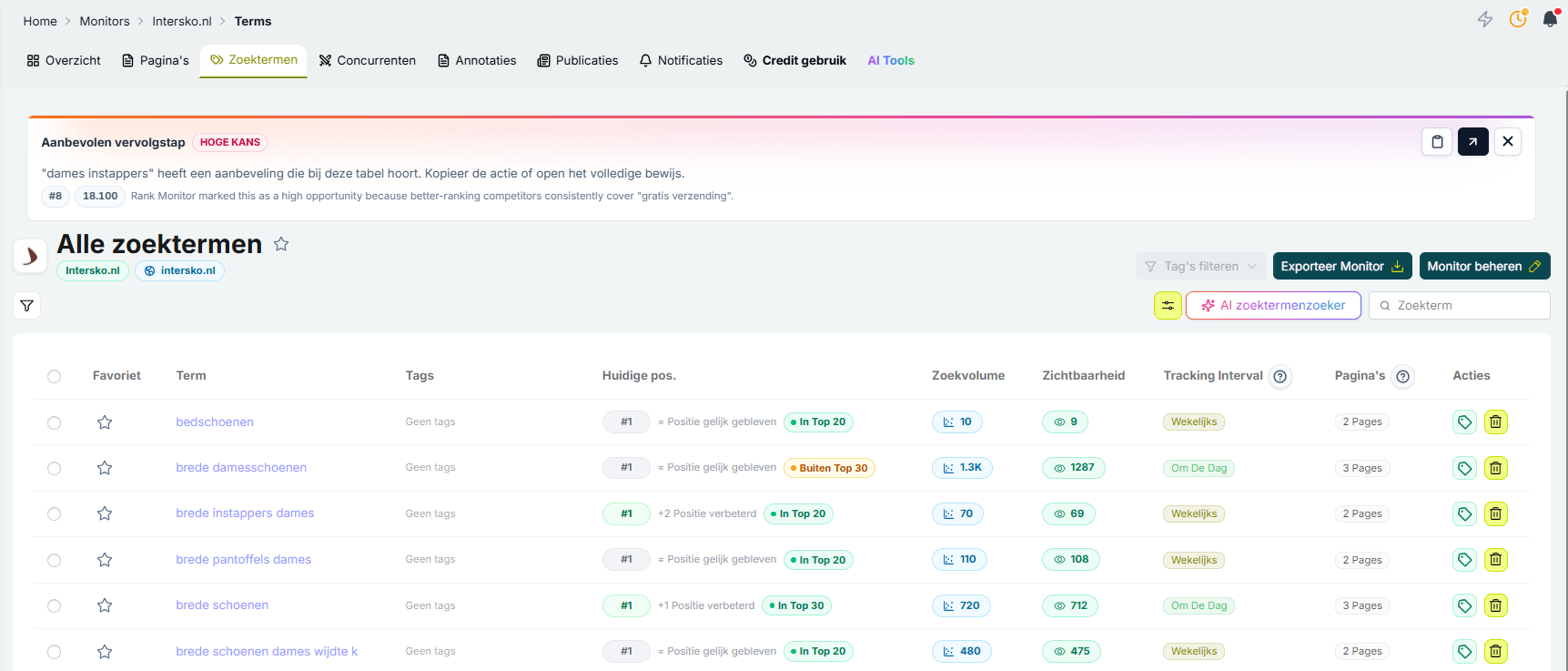 Screenshot of the Rank Monitor search terms table with positions, search volumes and visibility