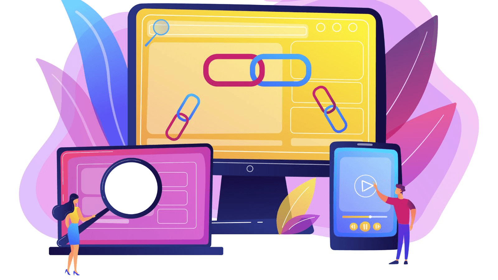 Illustration of connected links on a monitor with a laptop, magnifying glass and phone