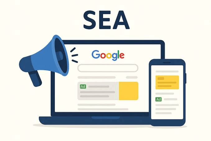 Paid search illustration with Google ads on a laptop and phone and a megaphone