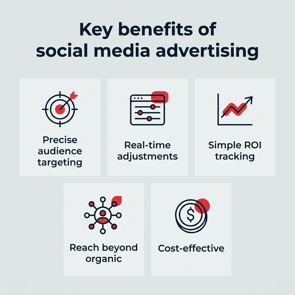 Infographic about social media advertising with five topics: targeting, adjustments, ROI tracking, reach and cost effectiveness
