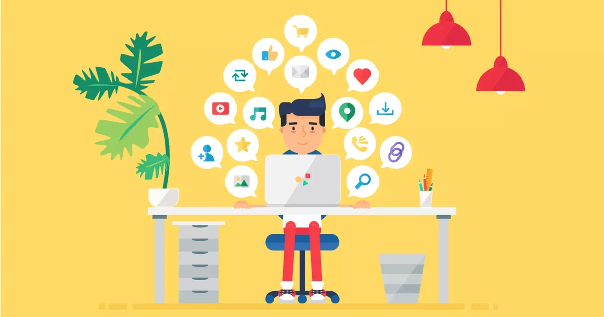 Illustration of a person at a desk with a laptop and icons for social media content and interaction