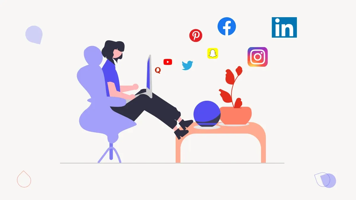 Illustration of a person with a laptop surrounded by social media platform logos