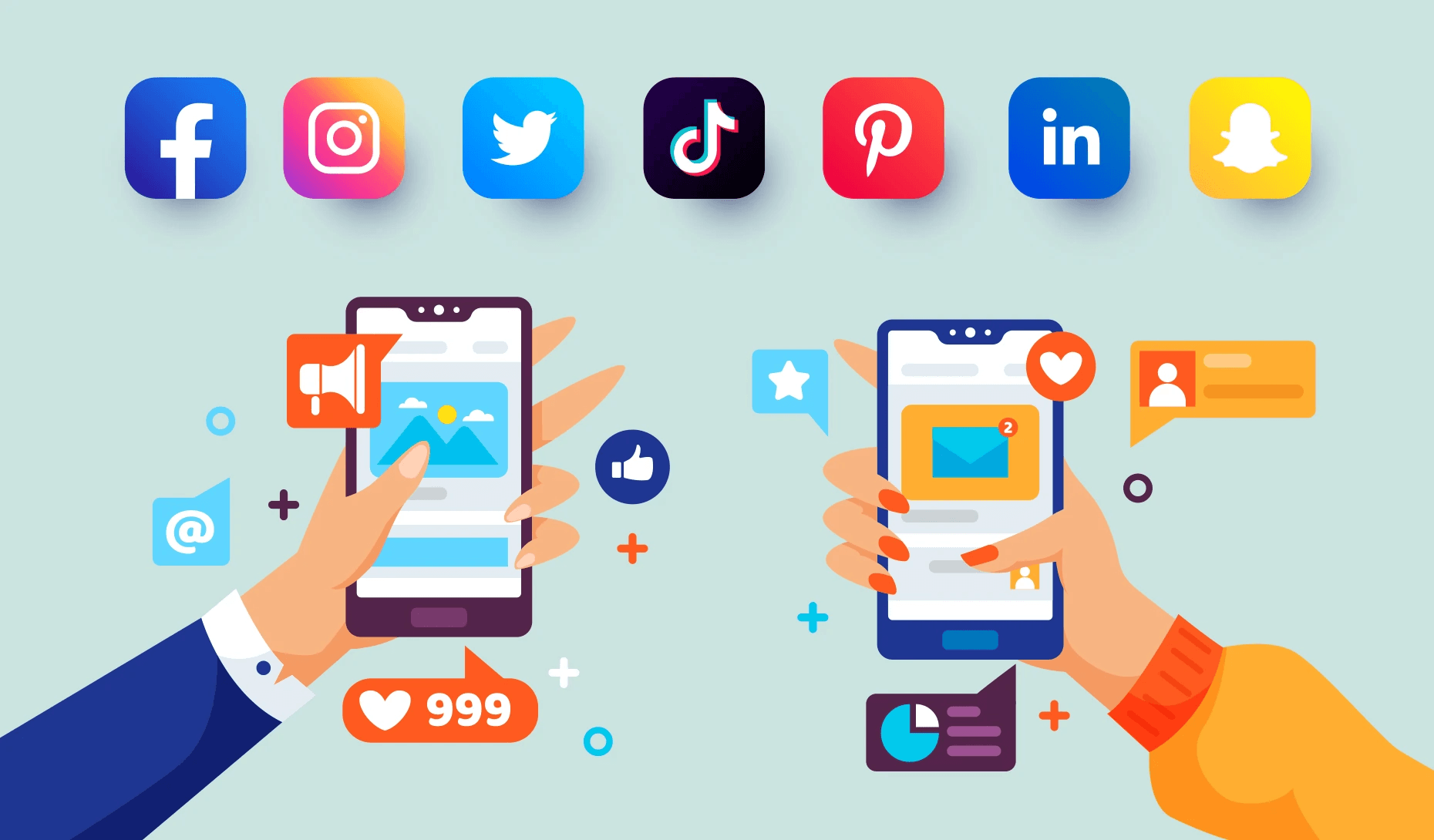 Illustration of two hands holding phones with social media logos and interaction icons