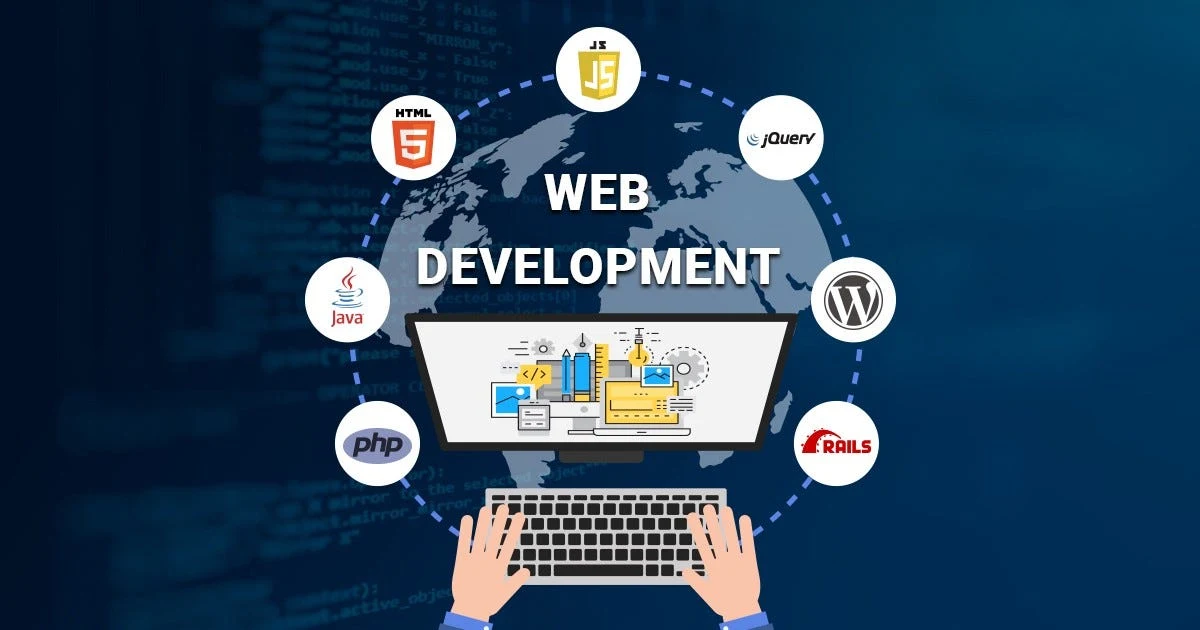 Illustration of web development with a laptop and programming language symbols